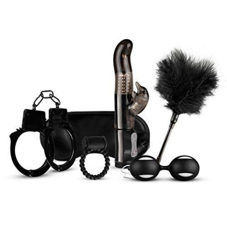 Kit sex toys con vibratore rabbit vaginale palline vaginali manette anello fallico nero love kit black