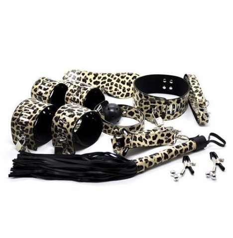 Wild bondage kit leopard set fetish guinzaglio manette morso cavigliere frusta maschera sexy