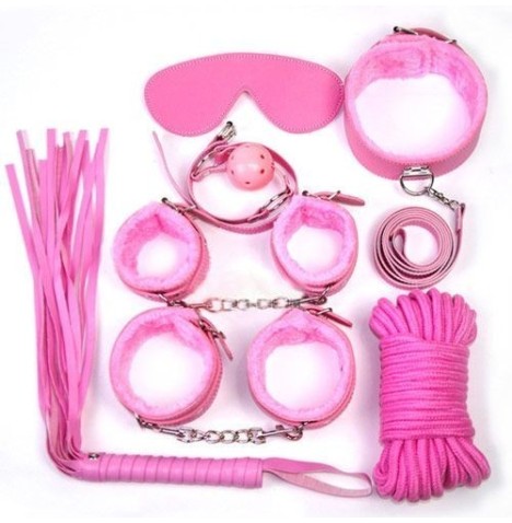 Bondage kit sexy fetish manette corda cavigliere frusta e collare rosa