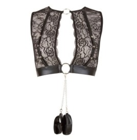 set intimo in pizzo donna fetish con manette reggicalze perizoma aperto  e top nero