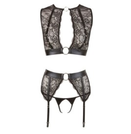 set intimo in pizzo donna fetish con manette reggicalze perizoma aperto  e top nero