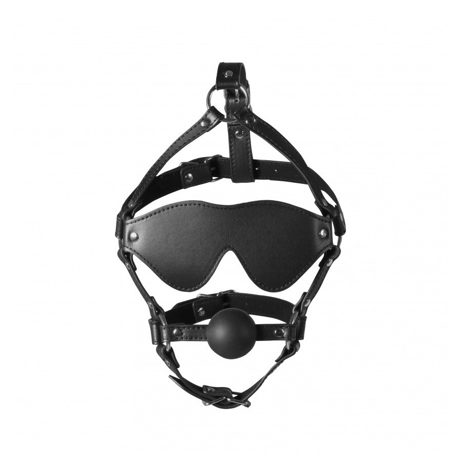 Imbracatura viso con maschera occhi e morso Blindfolded Head Harness with Solid Ball Gag Black