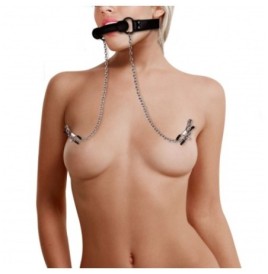 Morso con pinzette capezzoli Silicone Bit Gag with Nipple Clamps Bl...